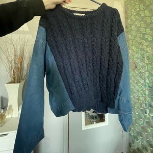 Navy Sweater with Denim Sleeves